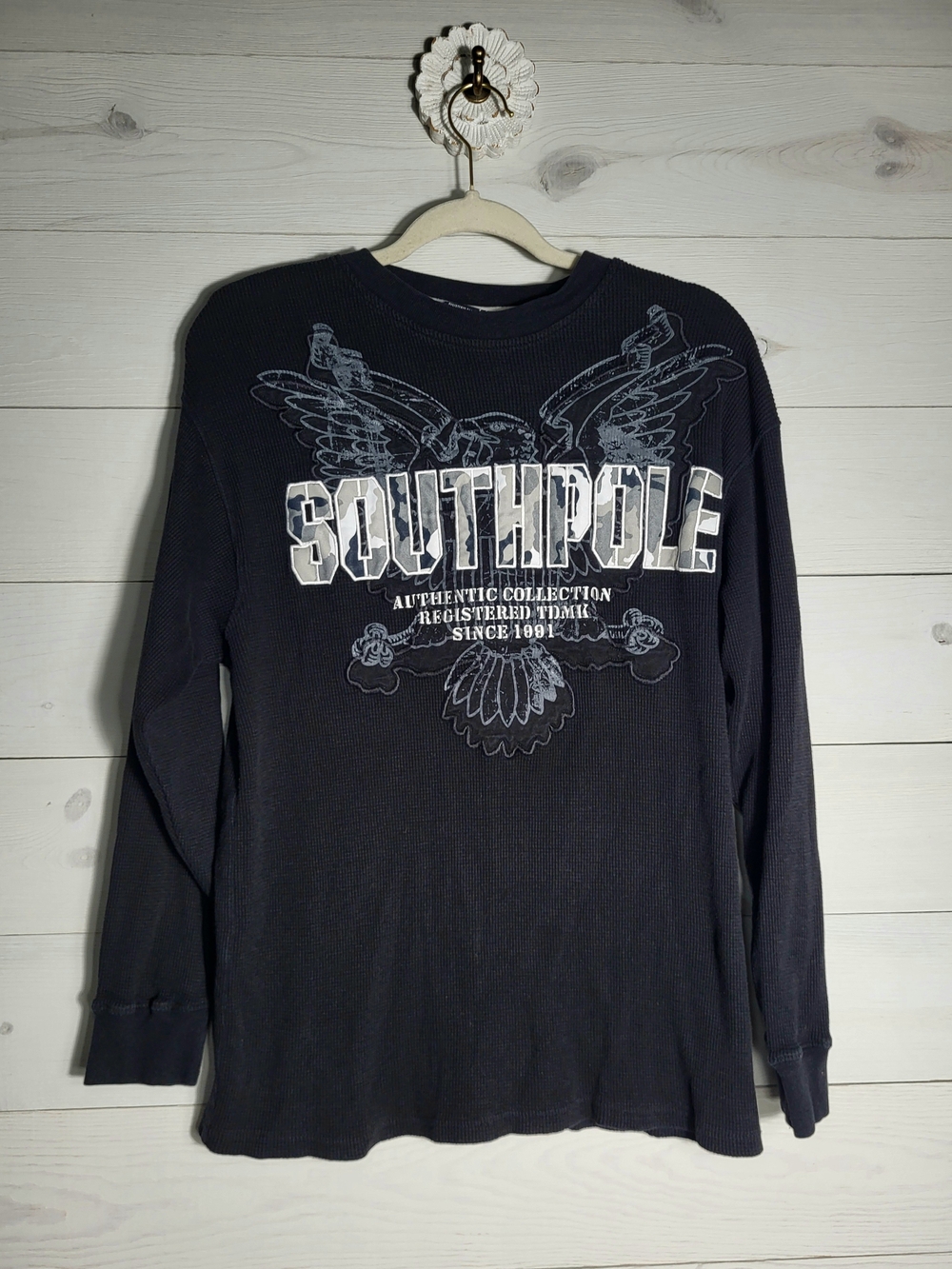 Vintage SouthPole Waffle Knit Shirt Eagle Graphic Cotton Thermal Logo Y2K.